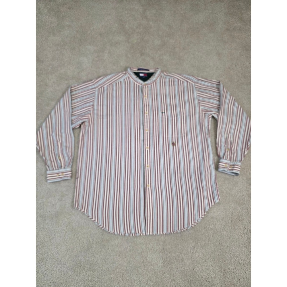 Vintage Tommy Hilfiger Mens XL Striped Grandad Collar Button Down Shirt Red Blue